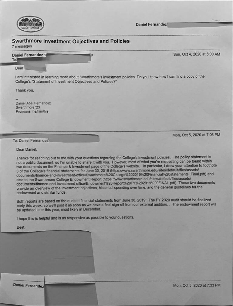 Swarthmore Investment Objectives and Policies (2020) Divestment Documents